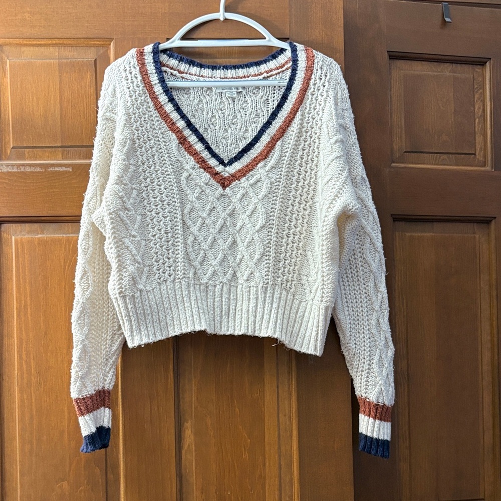 American Eagle Outfitters V-Neck Sweater - Cream, Brown, and Blue